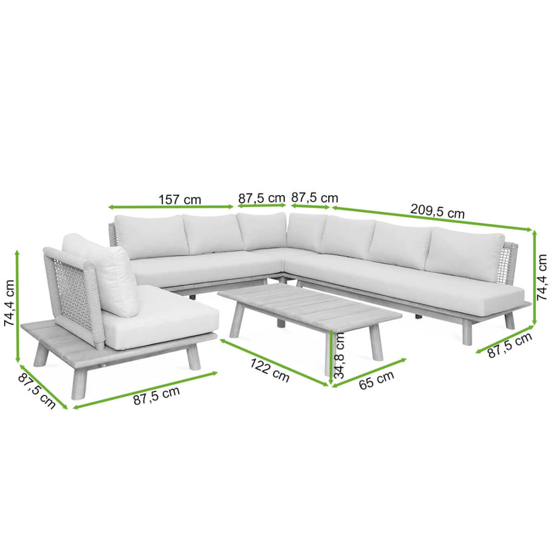 Rycina z wymiarami zestawu ogrodowego MIYA DINING od firmy Focus Garden