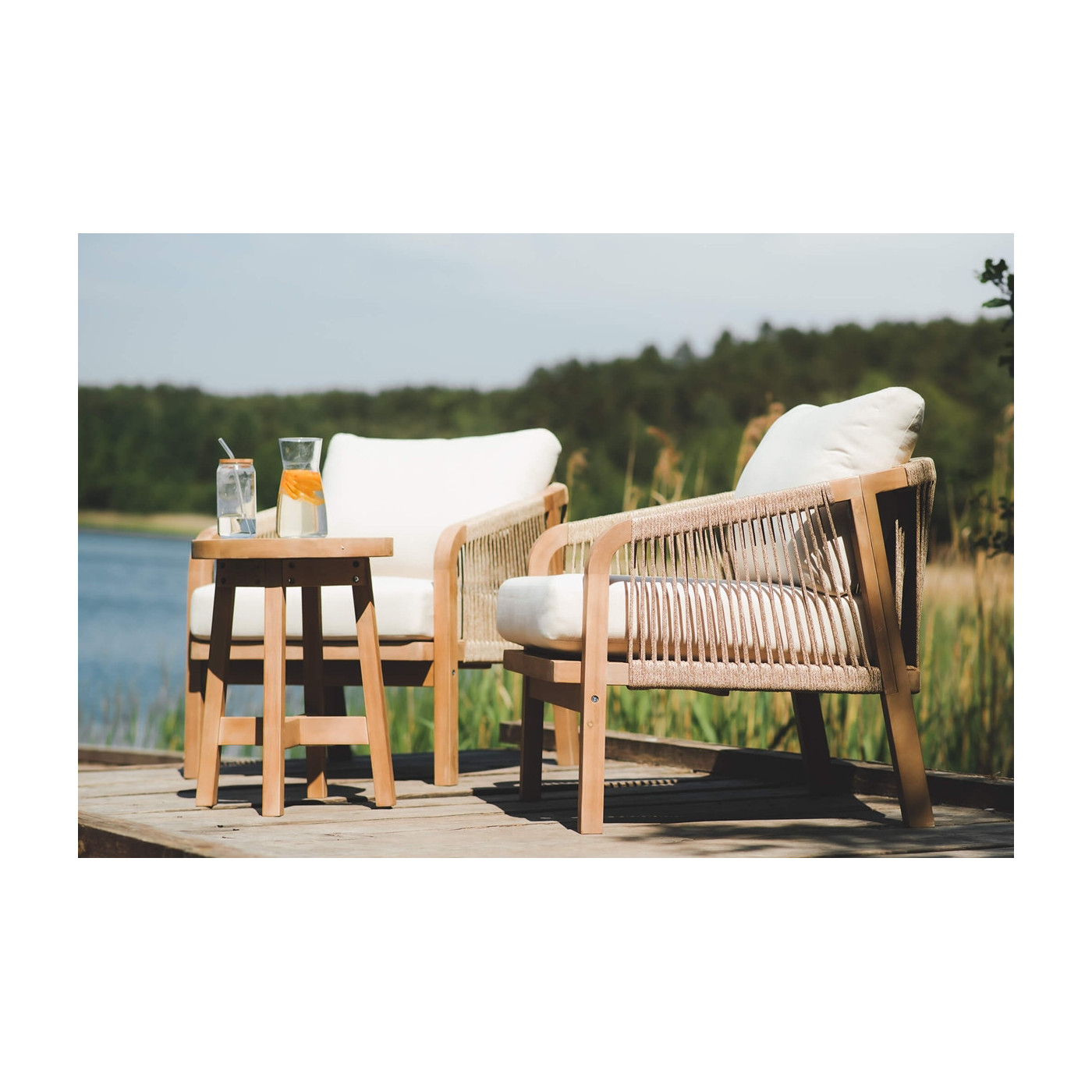 aranżacja drewnianego zestawu mebli na ogród marigold 2+1 na ogrodzie