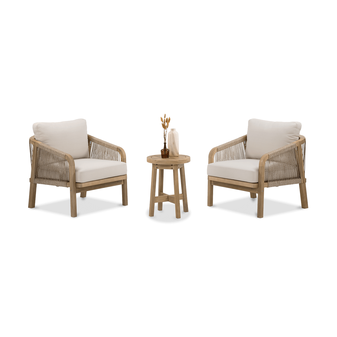 meble drewniane marigold 2+1 w słoneczny dzień na tarasie