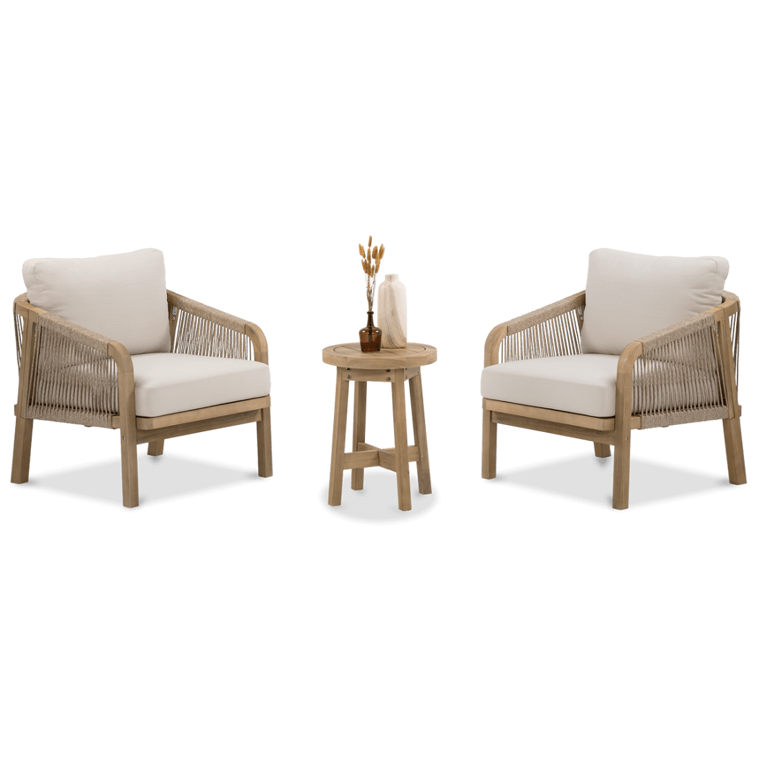 meble drewniane marigold 2+1 w słoneczny dzień na tarasie