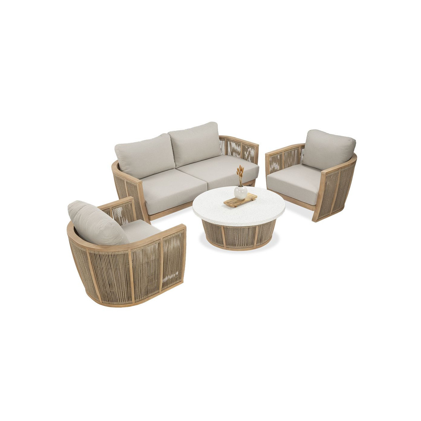 Zestaw drewnianych mebli ogrodowych collins - trzyosobowa sofa, dwa fotele i okrągły stół kawowy