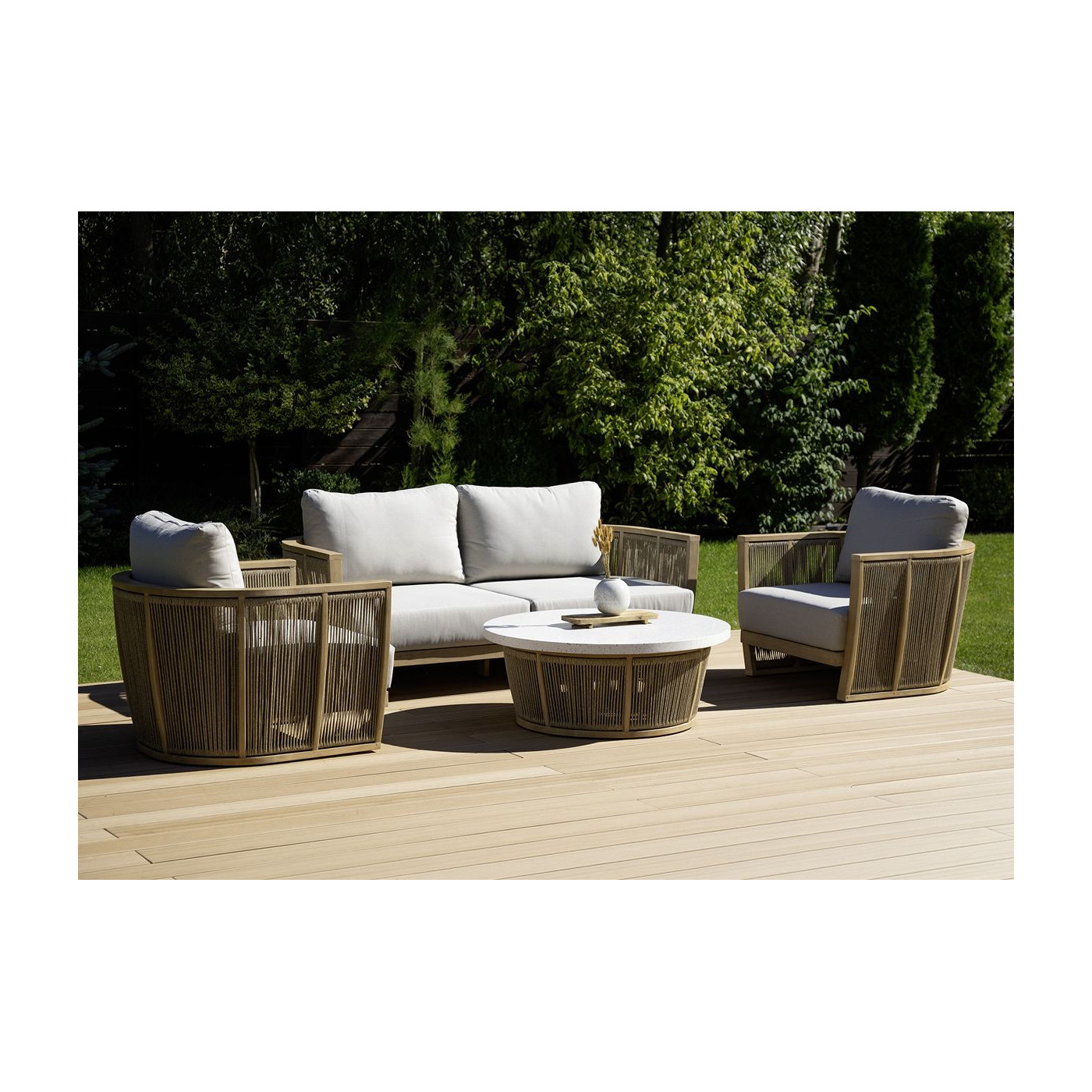 okrągły drewniany stół collins caffe z cementowym białym blatem