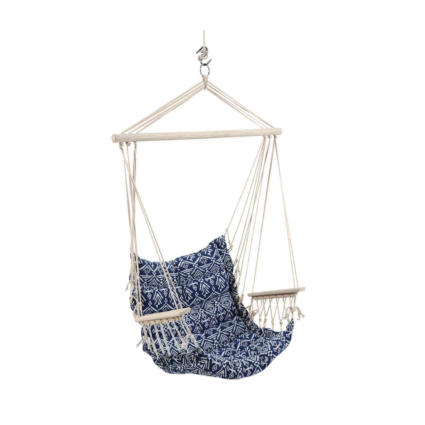 Granatowy fotel z białymi elementami do zawieszenia w ogrodzie