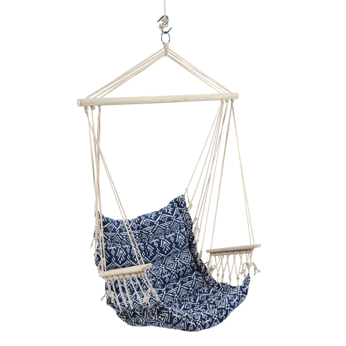 Granatowy fotel z białymi elementami do zawieszenia w ogrodzie