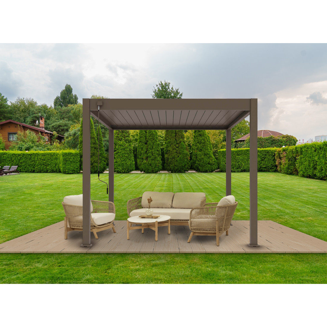 Aranżacja - pergola z serii Elegance w rozmiarze 3x3 w kolorze Taupe z regulowanym dachem