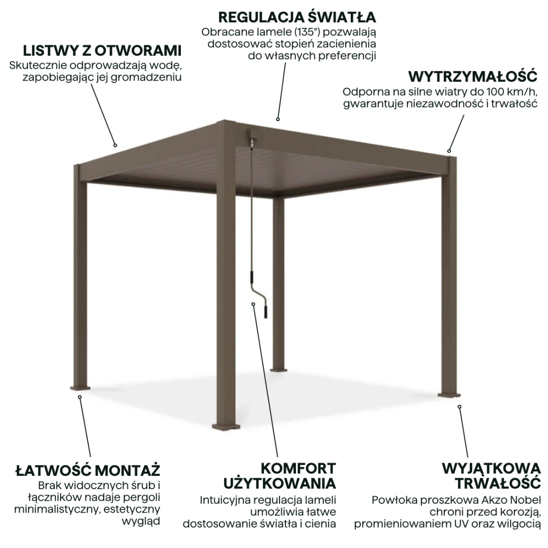 Cechy- pergola z serii Elegance w rozmiarze 3x3 w kolorze Taupe z regulowanym dachem