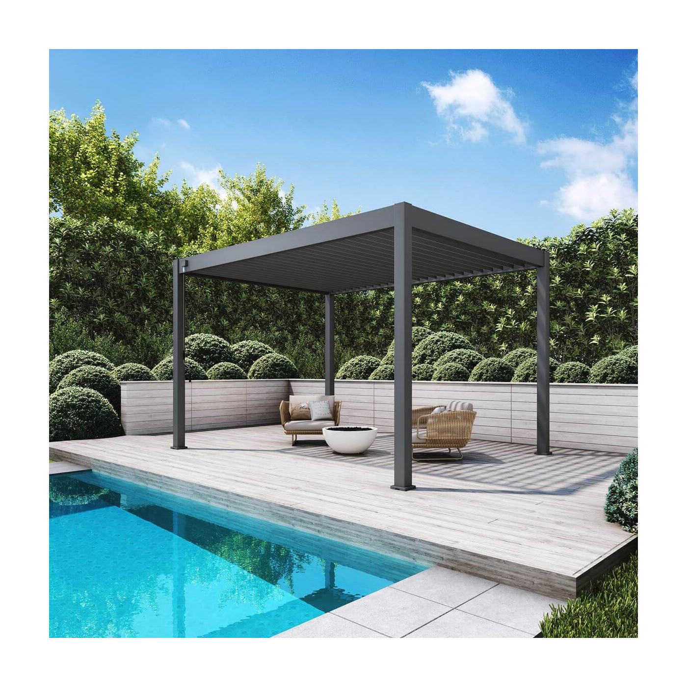 Aranżacja przy basenie pergoli ogrodowej ELEGANCE 3x4 Anthracite - gutroof