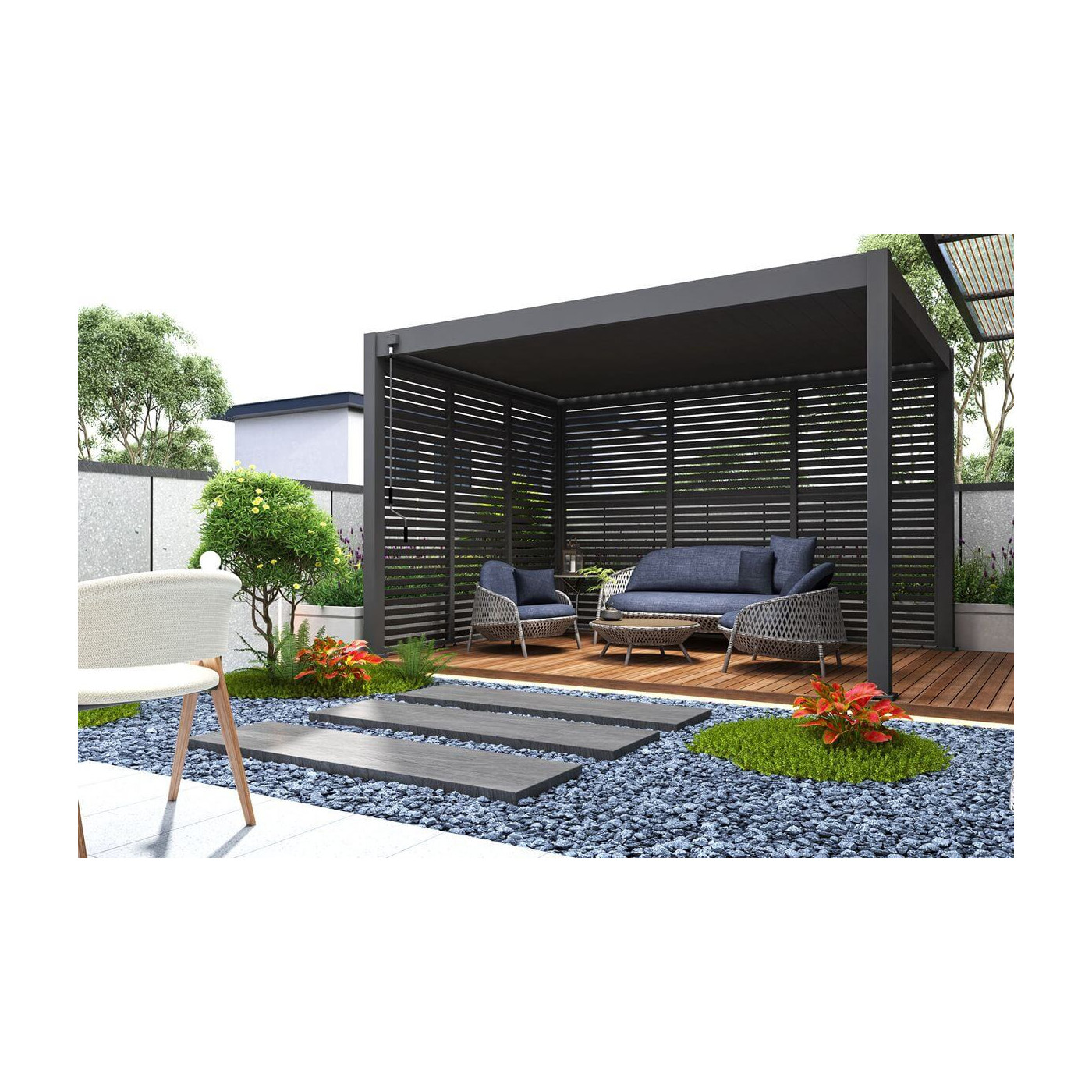 Przykładowa araranżacja na tarasie perogli ELEGANCE 3x4 Anthracite - gutroof