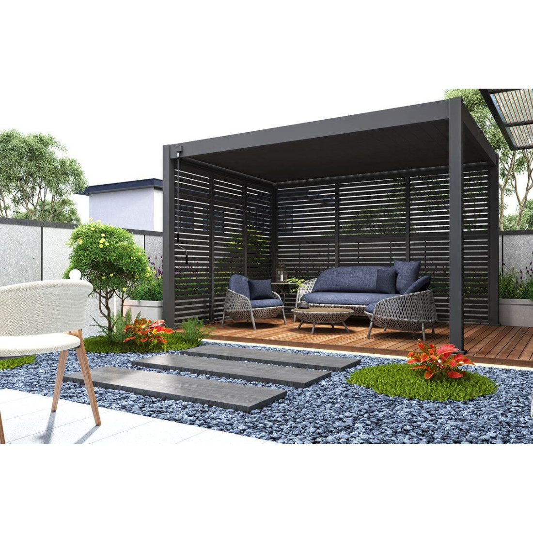 Przykładowa araranżacja na tarasie perogli ELEGANCE 3x4 Anthracite - gutroof