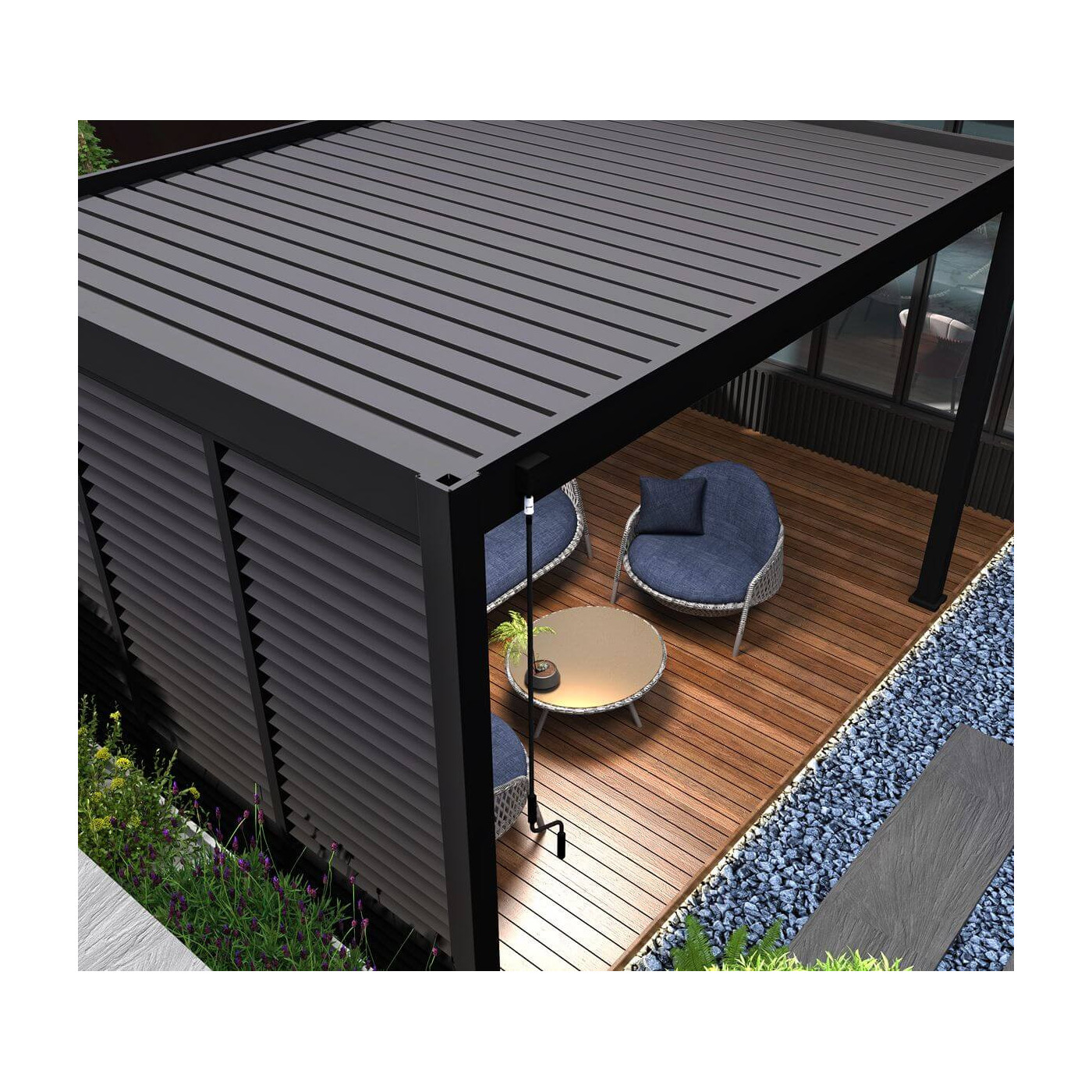 Widok z góry na zamknięte lamele w aranżacji pergoli ELEGANCE 3x4 Anthracite - gutroof