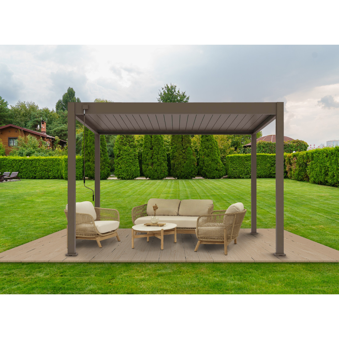 Aranżacja - pergola z serii Elegance w rozmiarze 3x4 w kolorze Taupe z regulowanym dachem