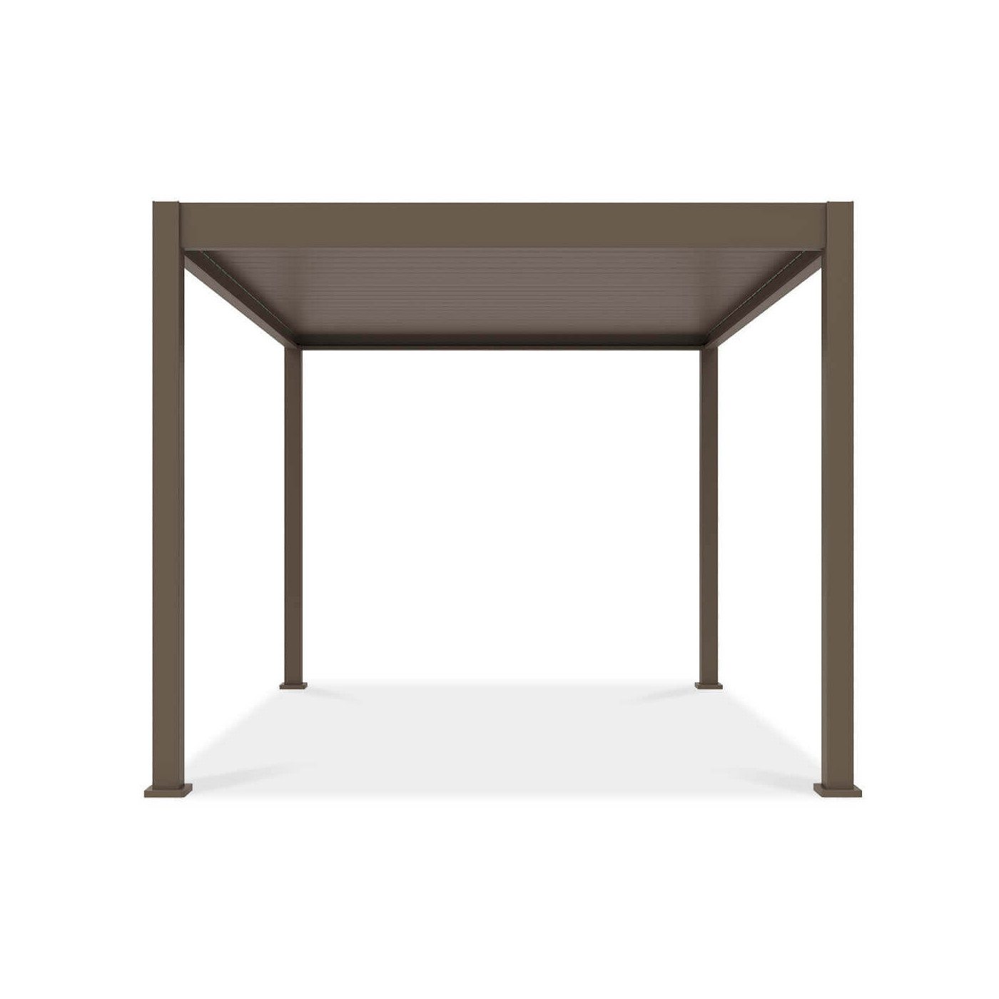 Przód pergoli tarasowej ELEGANCE w rozmiarze 3x4 i kolorze Taupe