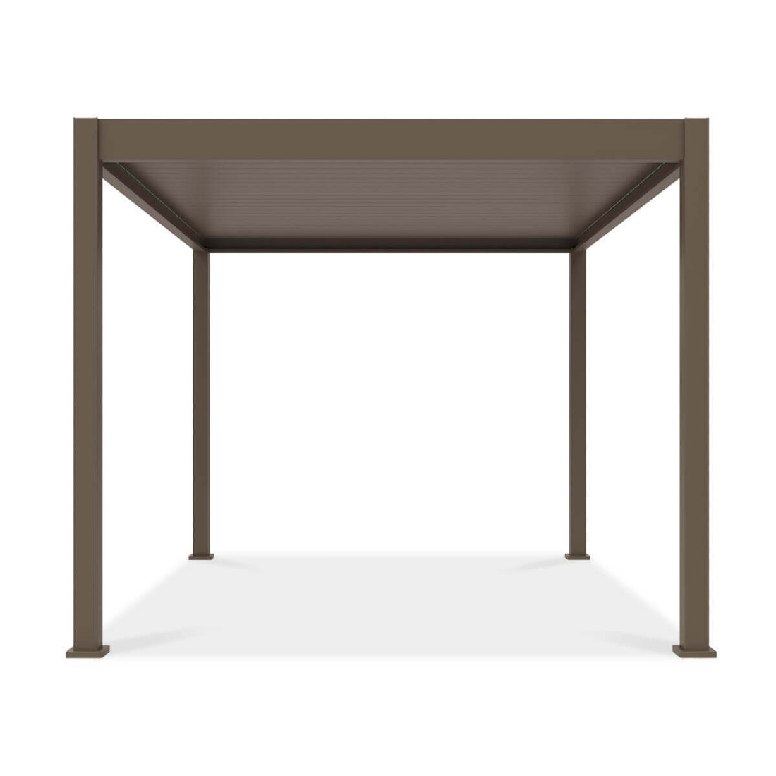 Przód pergoli tarasowej ELEGANCE w rozmiarze 3x4 i kolorze Taupe