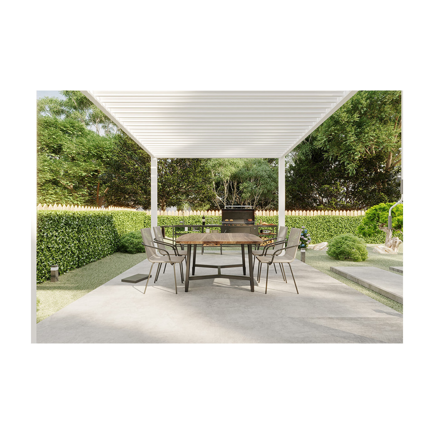 Letnia wizualizacja białej pergoli z umieszczonymi pod nią meblami