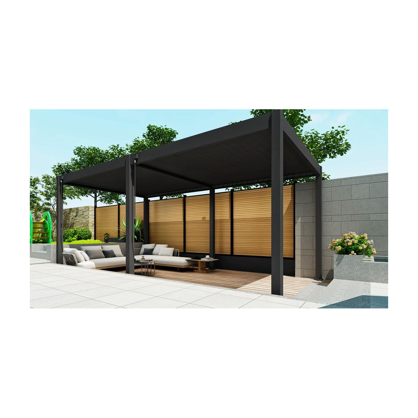 Przykładowa aranżacja pergoli ogrodowej ELEGANCE 3x6 w kolorze antracytowym