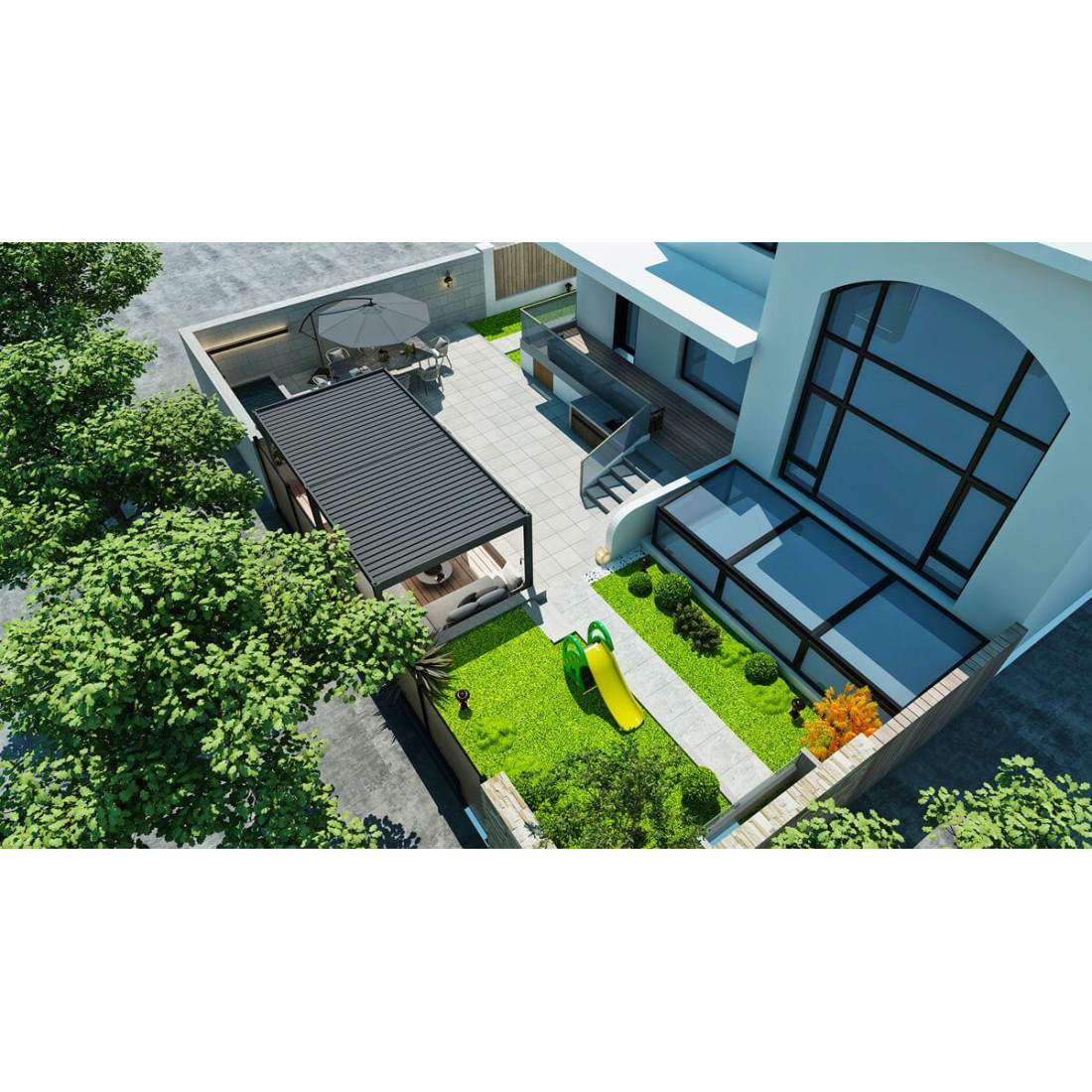 Widok góry na ogród wraz z pergolą ELEGANCE w rozmiarze 3x6 w kolorze antracytowym