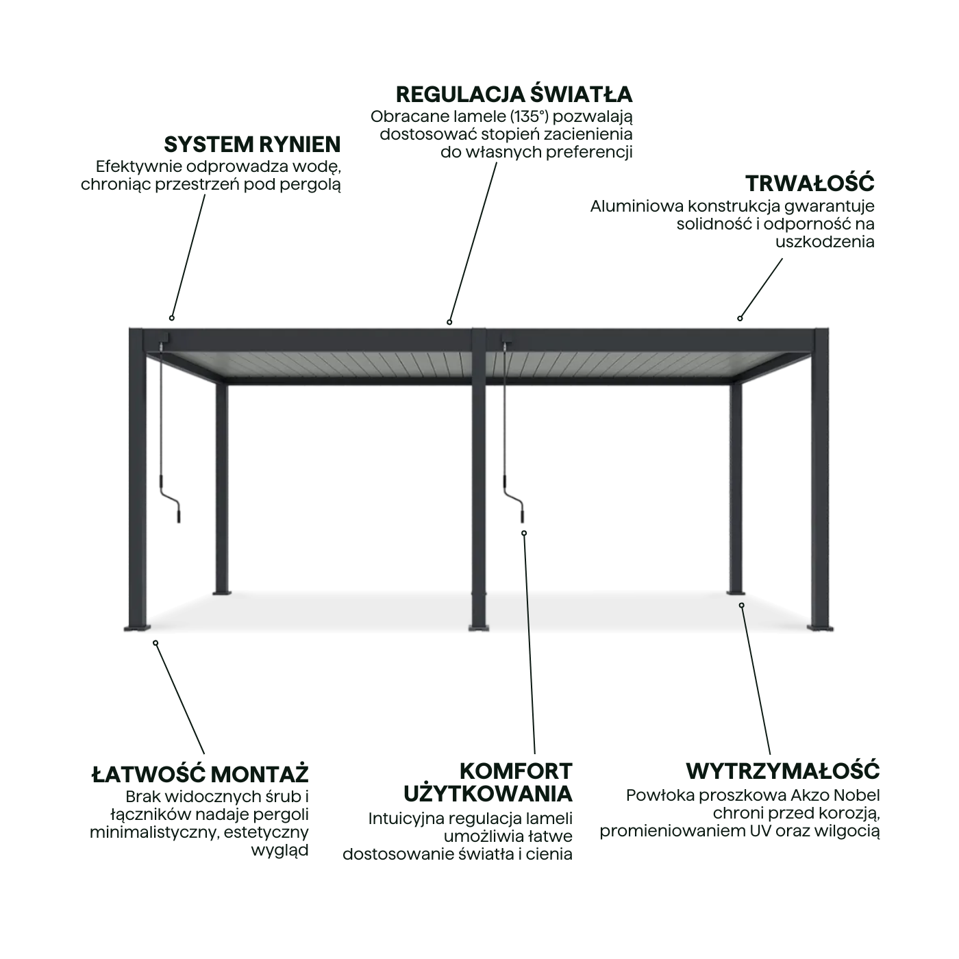 Cechy - Pergola Elegance 3x6 Antracytowa z lamelami szaro jasnymi stojąca na tle oceanu w aranżacji