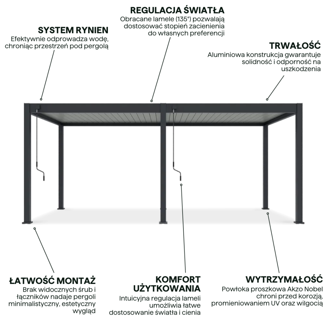 Cechy - Pergola Elegance 3x6 Antracytowa z lamelami szaro jasnymi stojąca na tle oceanu w aranżacji