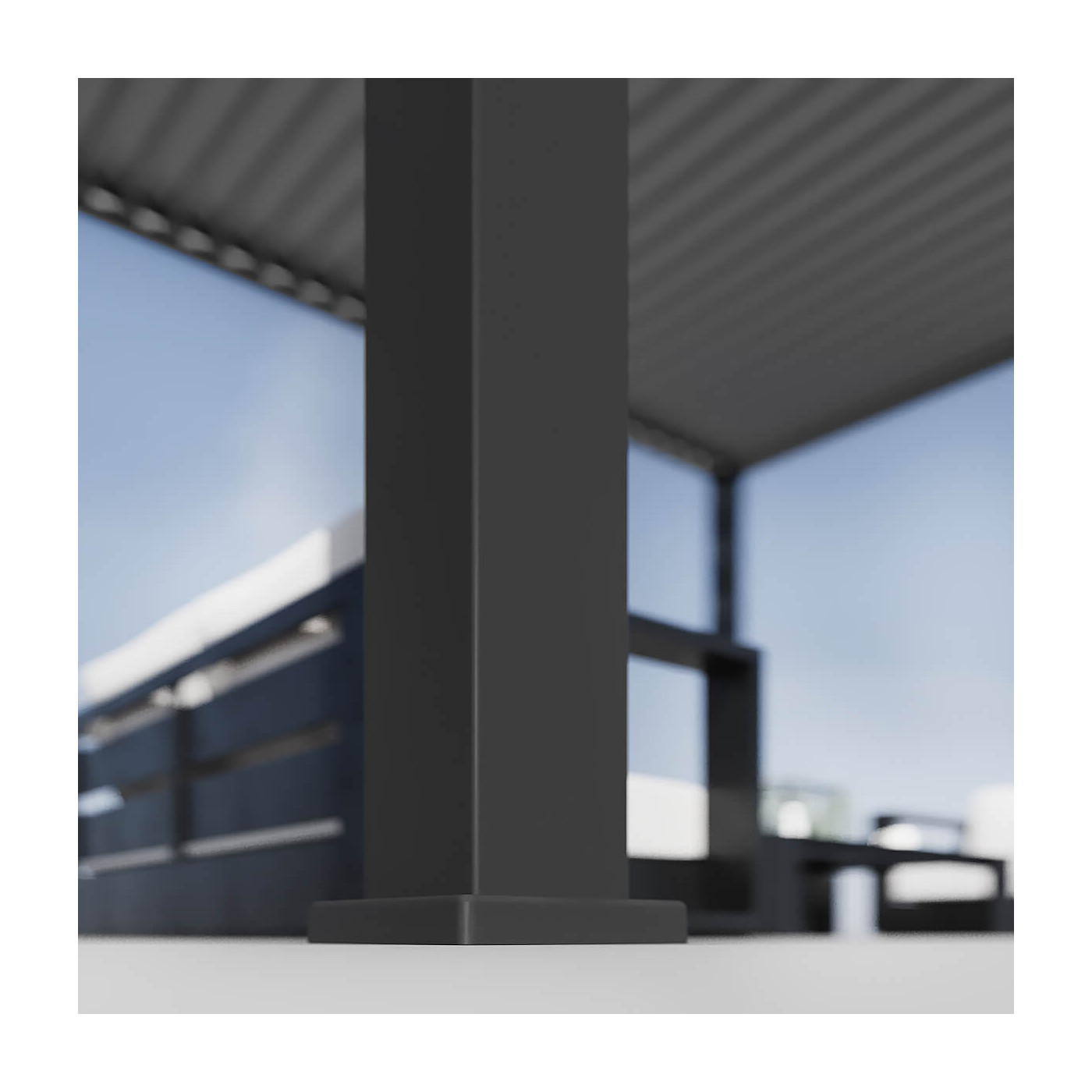 Zbliżenie na słupek pergoli ELEGANCE 3x6 wraz z otworem na ujście wody 