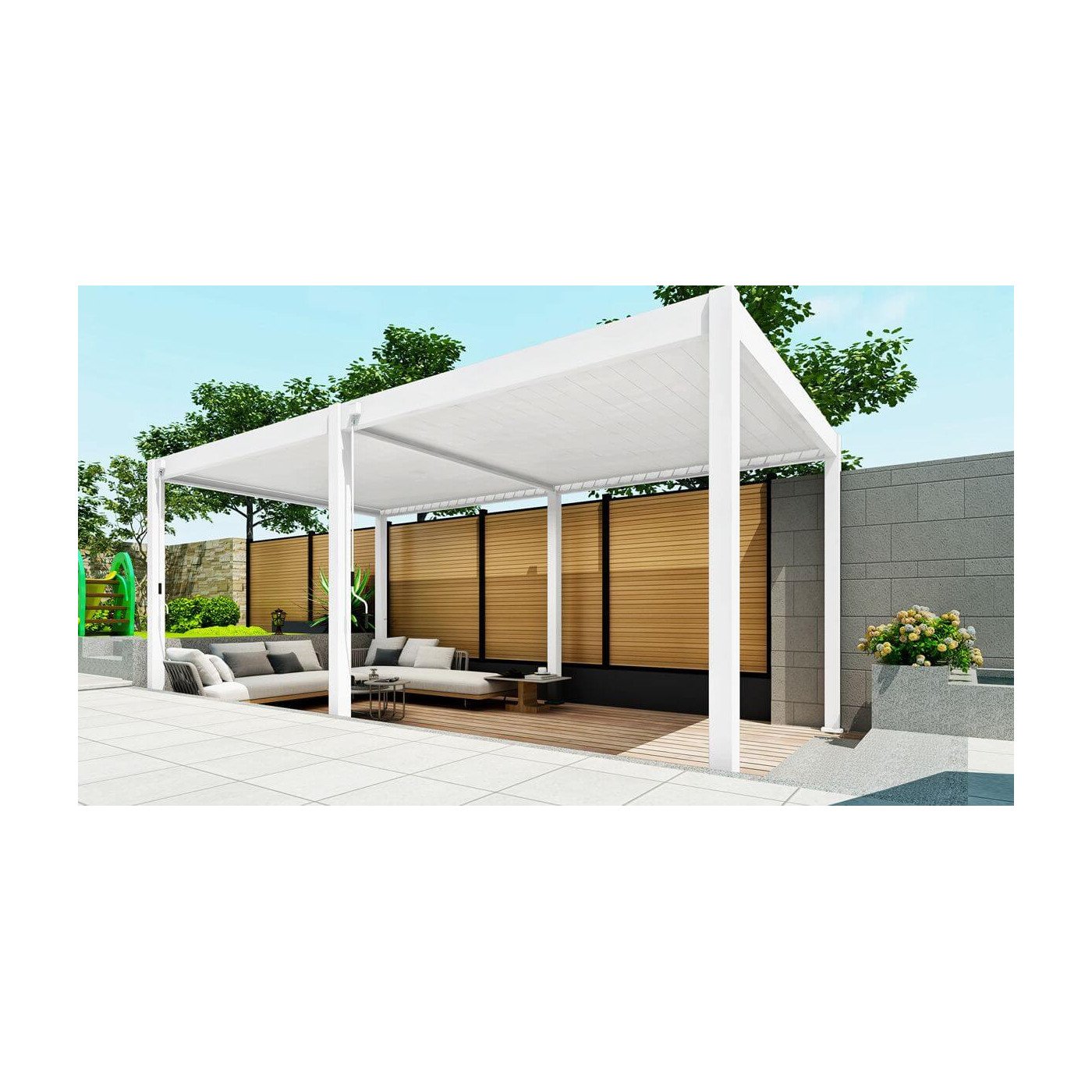 Aranżacja pergoli ogrodowej ELEGANCE w rozmiarze 3x6 w kolorze białym