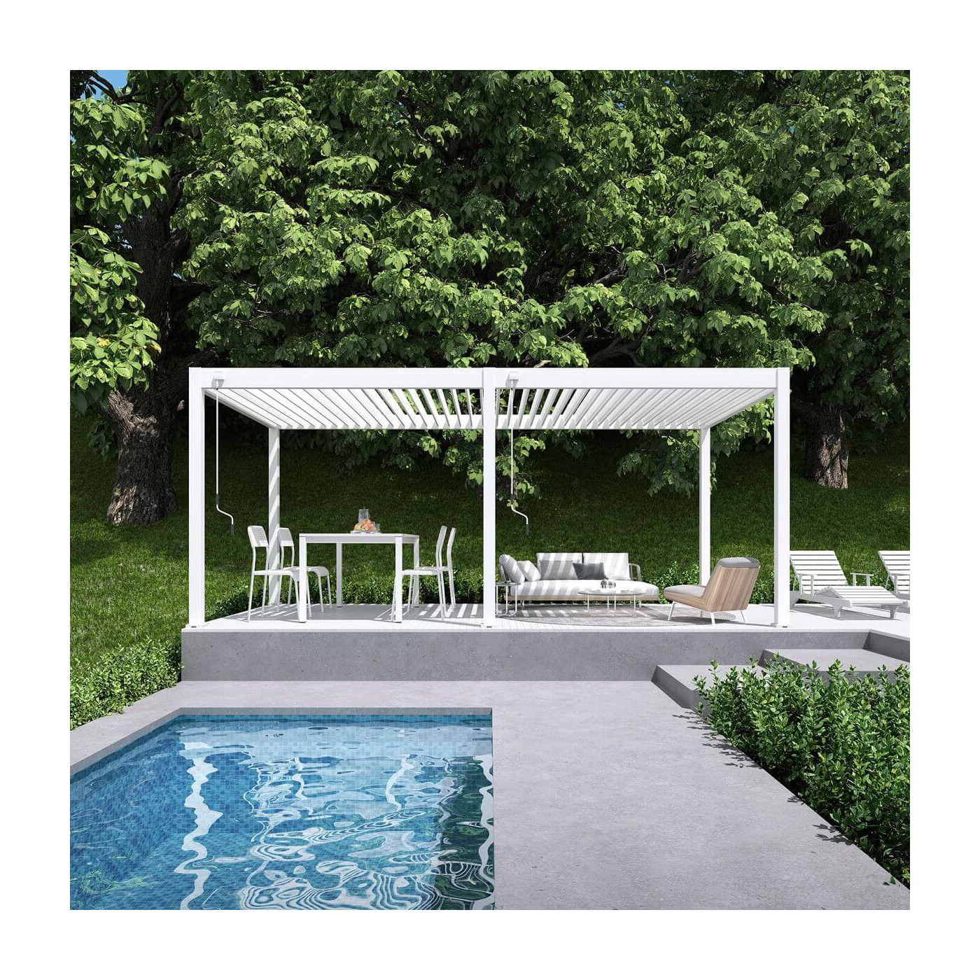 Aranżacja pergoli ELEGANCE 3x6 white przy basenie