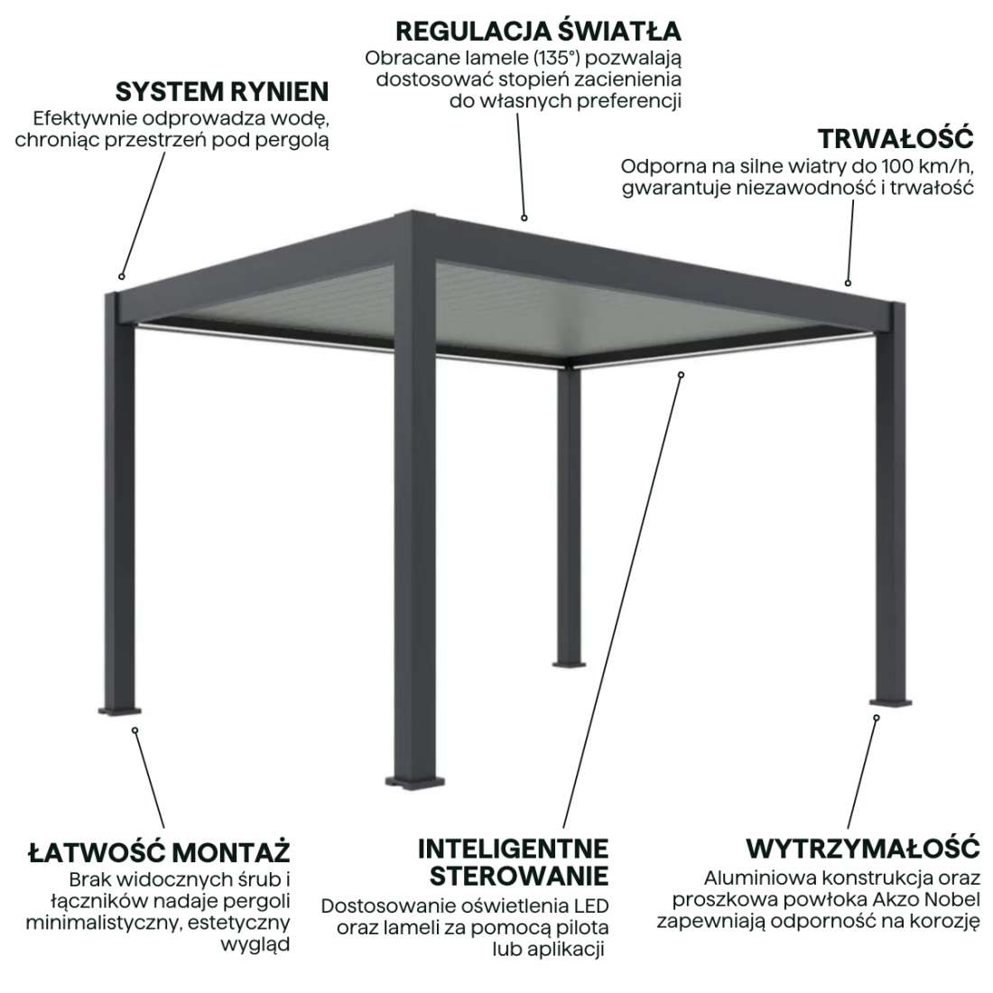 Cechy - automatyczna pergola ogrodowa z oświetleniem Elegance 3x4