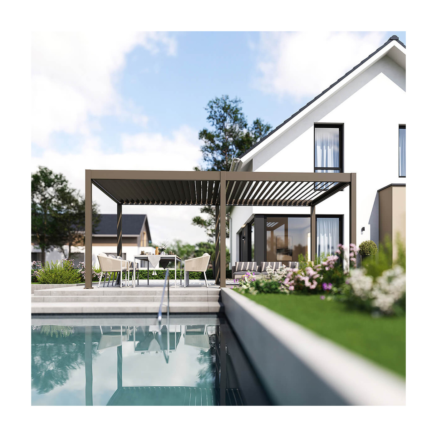 Wizualizacja pergoli z oświetleniem LED i meblami ogrodowymi pod spodem