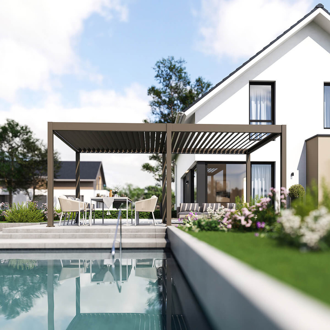 Wizualizacja pergoli z oświetleniem LED i meblami ogrodowymi pod spodem