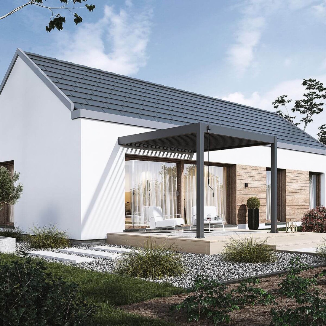 Aranżacja pergoli przyściennej ELEGANCE WALL 3x3 w kolorze antracytowym