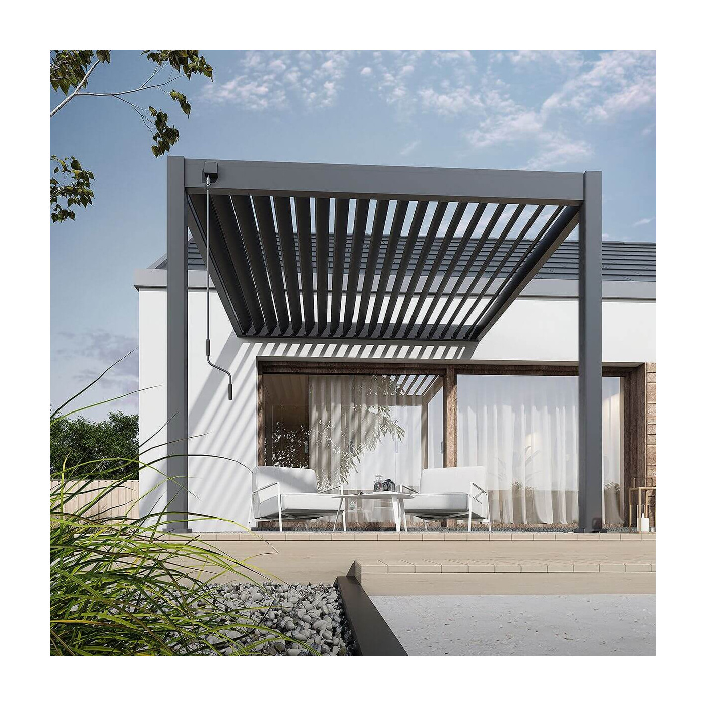 Pergola ELEGANCE WALL 3x3 Anthracite przymocowana do ściany domu w aranżacji
