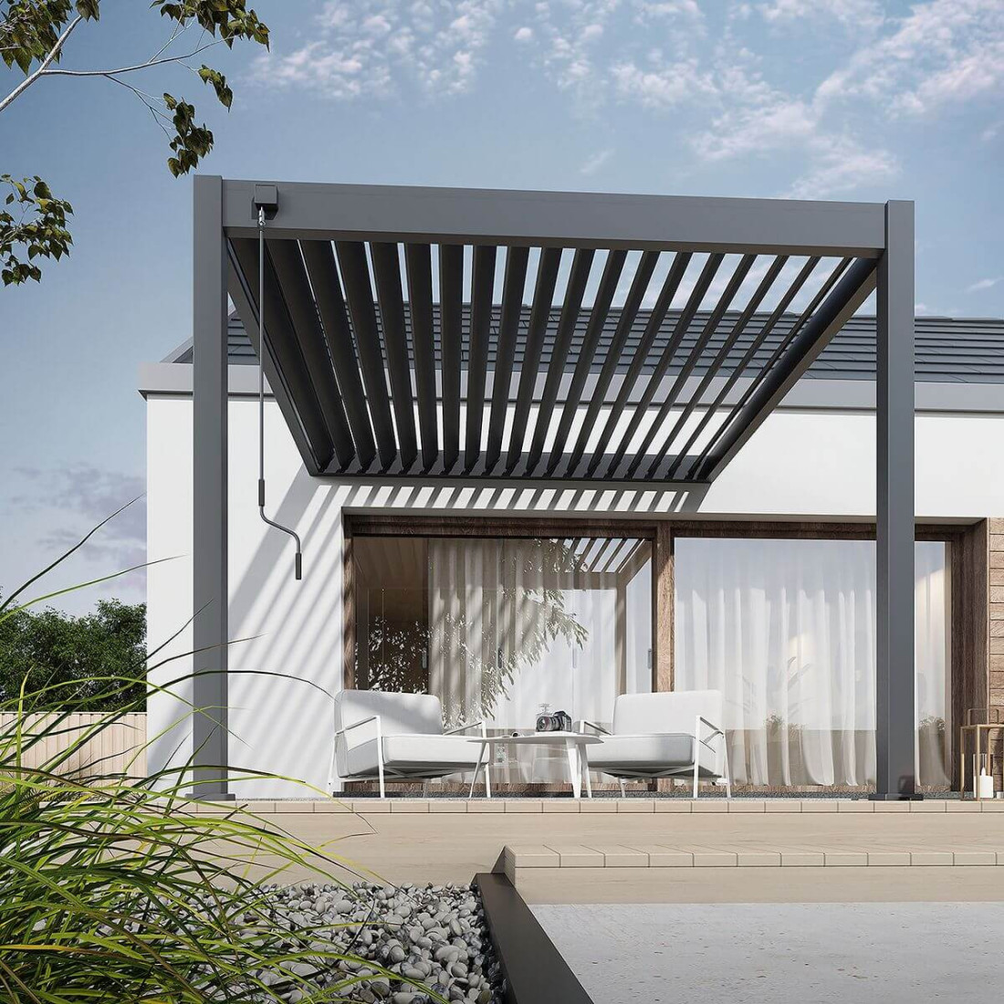 Pergola ELEGANCE WALL 3x3 Anthracite przymocowana do ściany domu w aranżacji