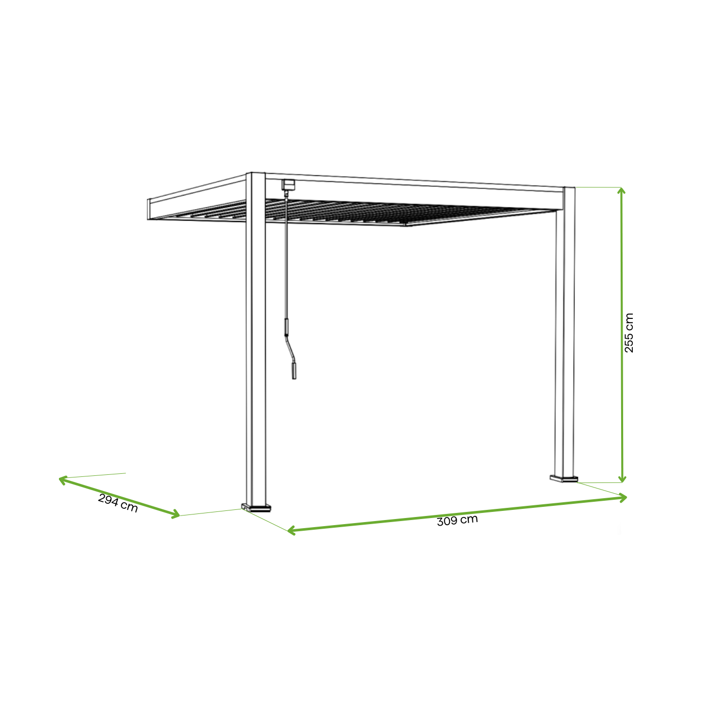 Wymiary przyściennej pergoli ELEGACNE WALL 3x3 w kolorze antracytowym wraz z lamelami w kolorze jasno szarym