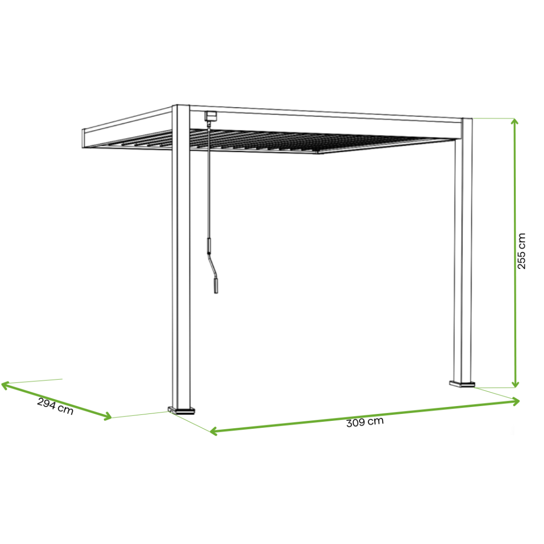 Wymiary przyściennej pergoli ELEGACNE WALL 3x3 w kolorze antracytowym wraz z lamelami w kolorze jasno szarym