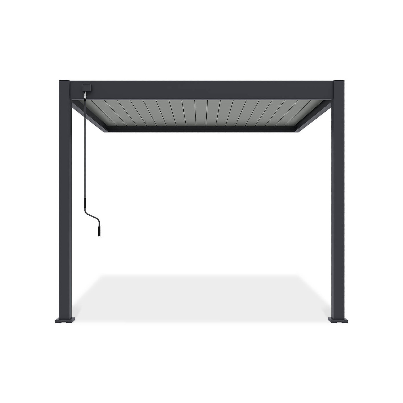 Przód przyściennej pergoli ELEGACNE WALL 3x3 w kolorze antracytowym wraz z lamelami w kolorze jasno szarym