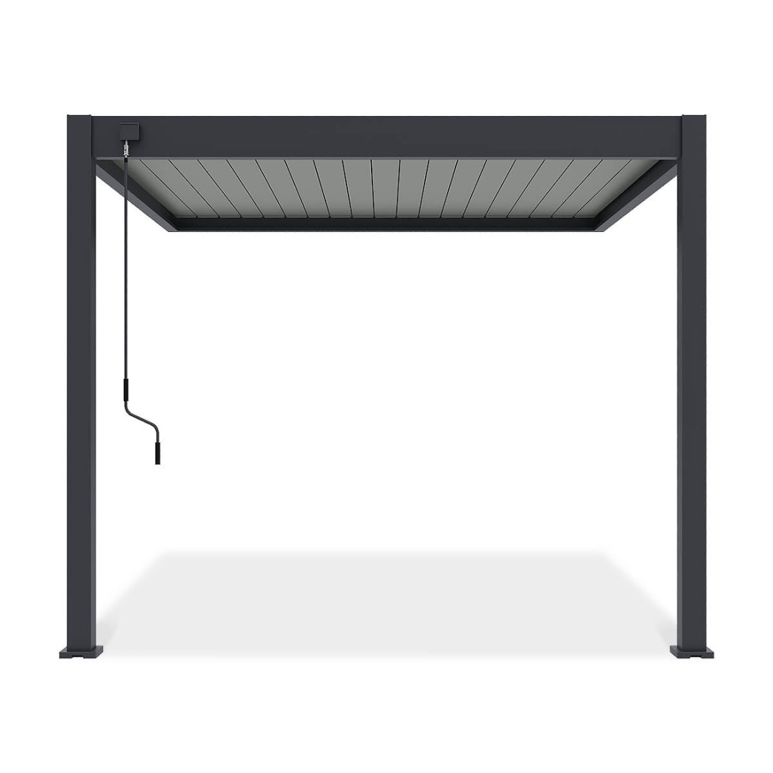 Przód przyściennej pergoli ELEGACNE WALL 3x3 w kolorze antracytowym wraz z lamelami w kolorze jasno szarym