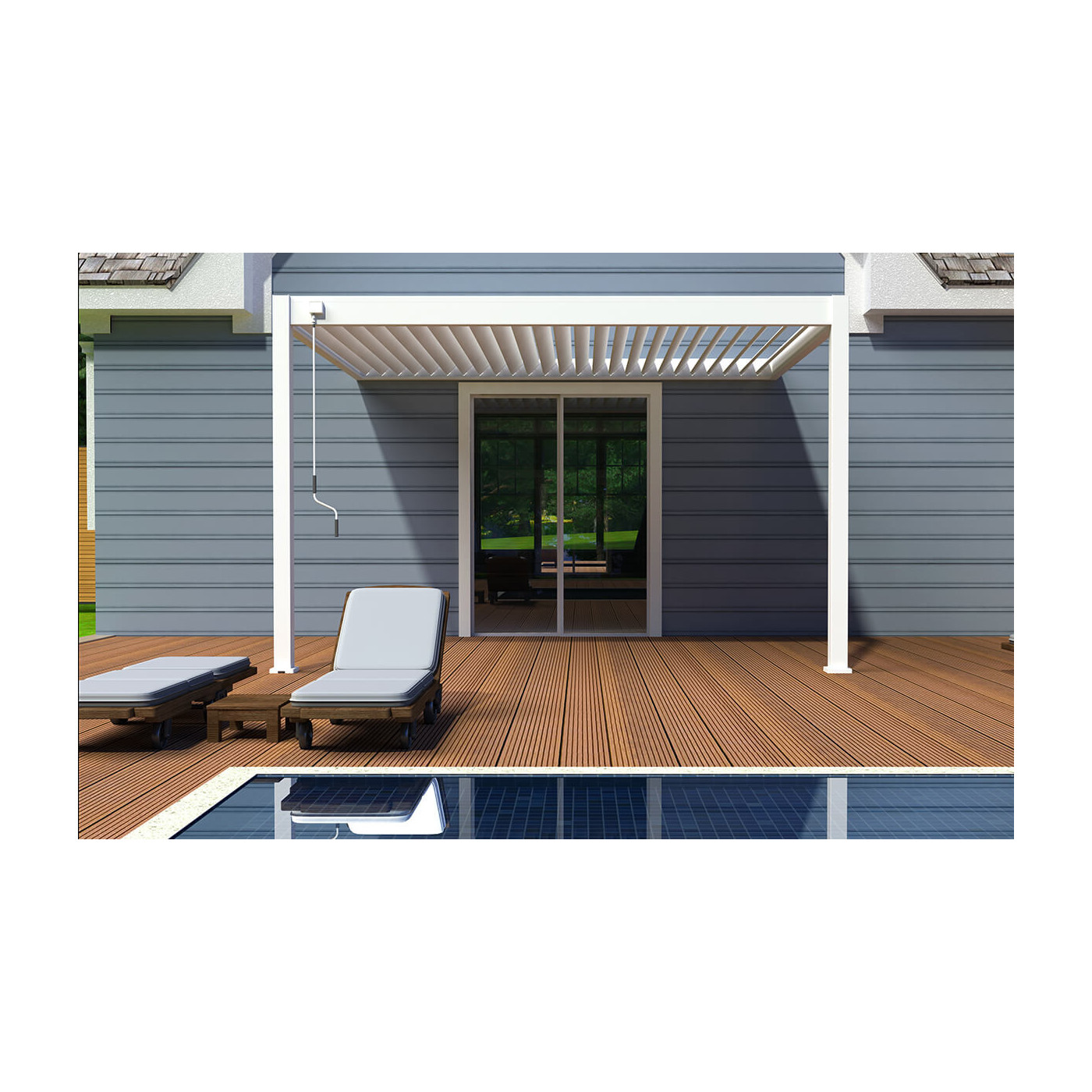 Aranżacja białej przyściennej pergoli elegance wall 3x4 na tarasie