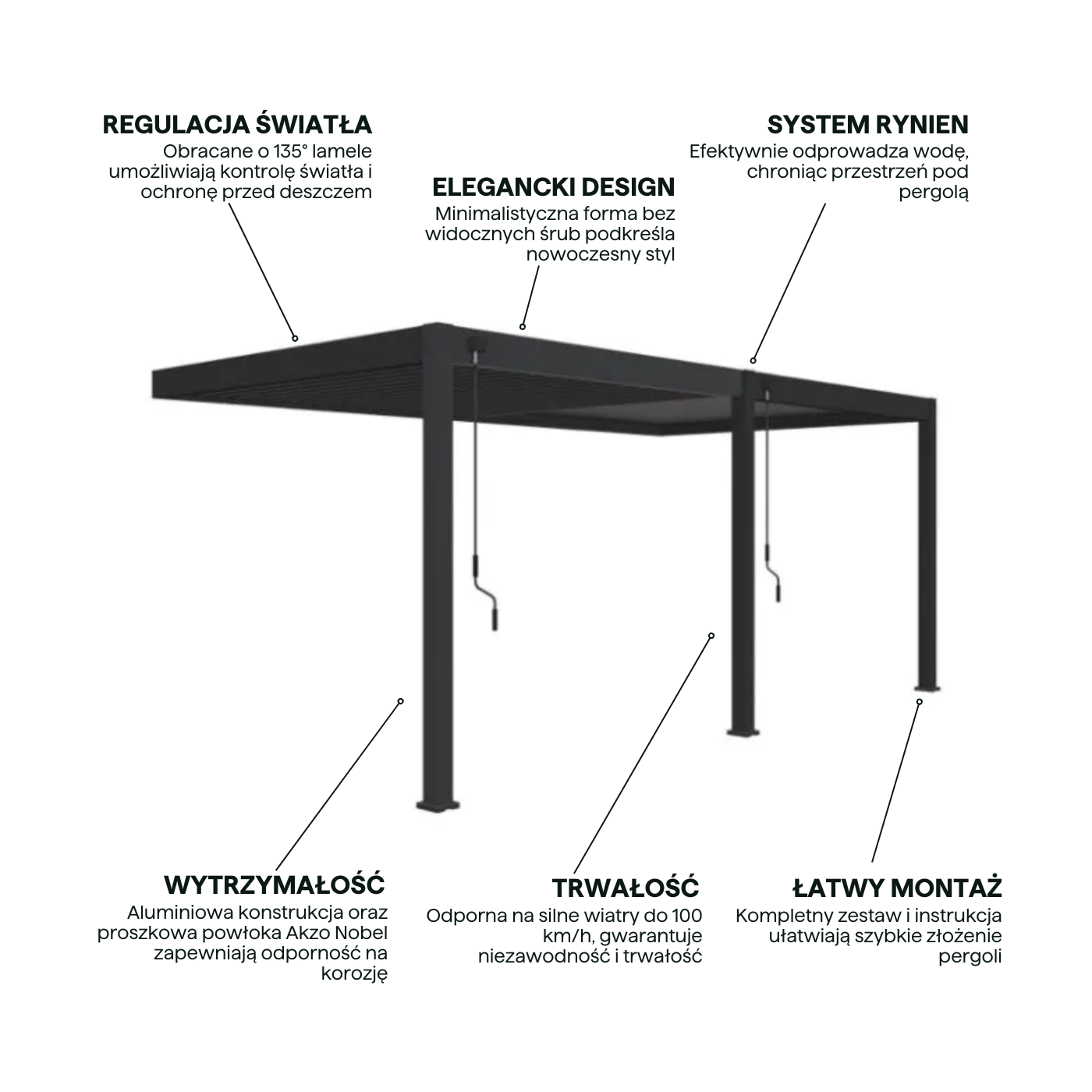 Cechy przyściennej perogli ELEGANCE WALL w rozmiarze 3x6 anthracite