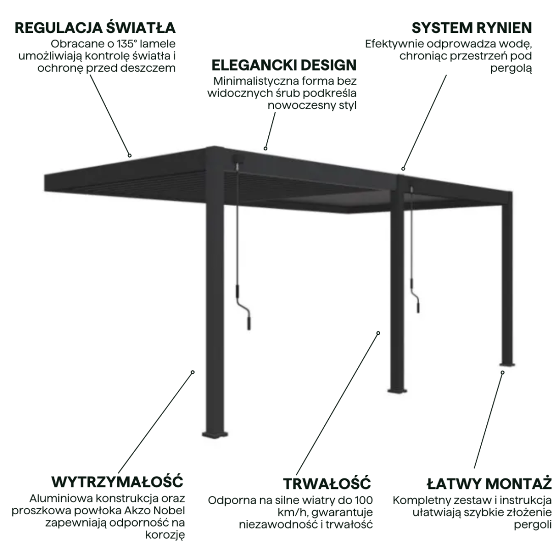 Cechy przyściennej perogli ELEGANCE WALL w rozmiarze 3x6 anthracite