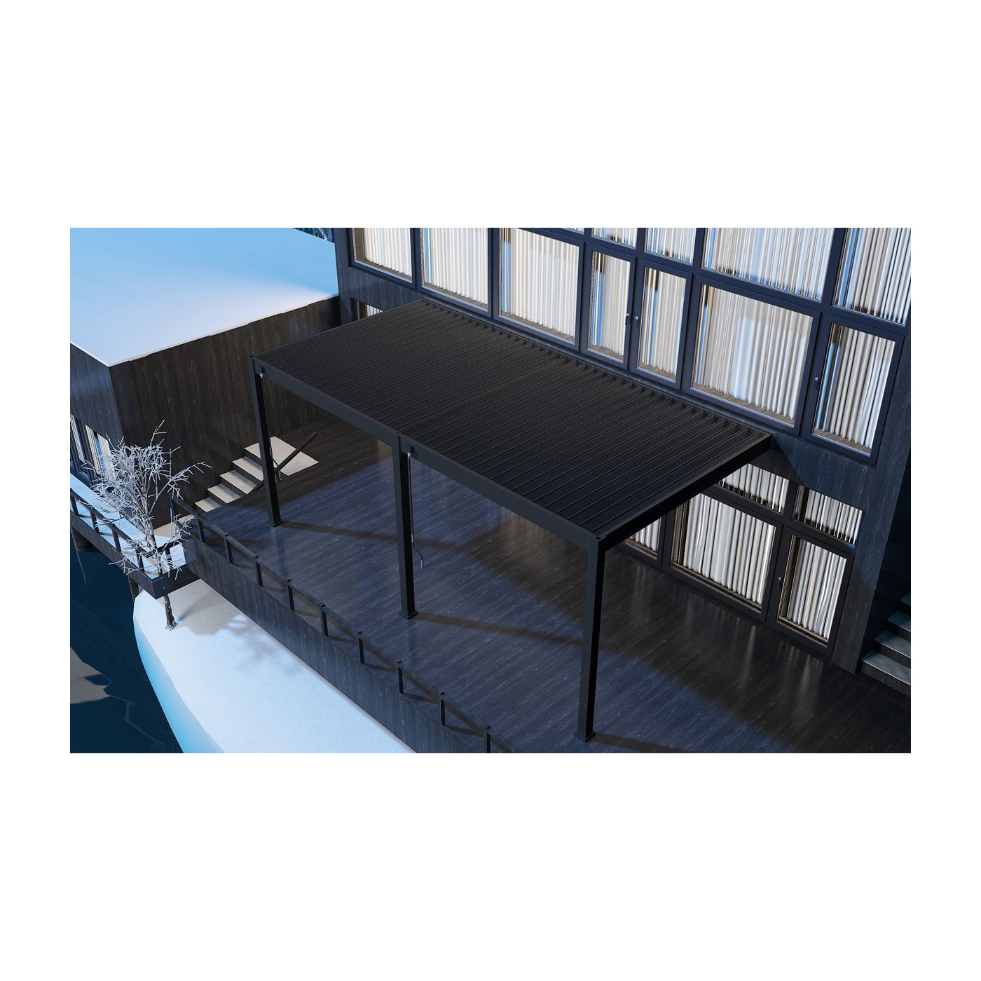 Widok z góry na przyścienną pergolę ELEGANCE WALL 3x6 zamontowaną do ściany budynku w aranżacji