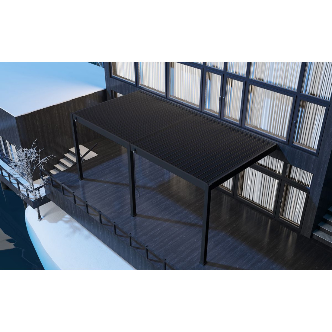 Widok z góry na przyścienną pergolę ELEGANCE WALL 3x6 zamontowaną do ściany budynku w aranżacji