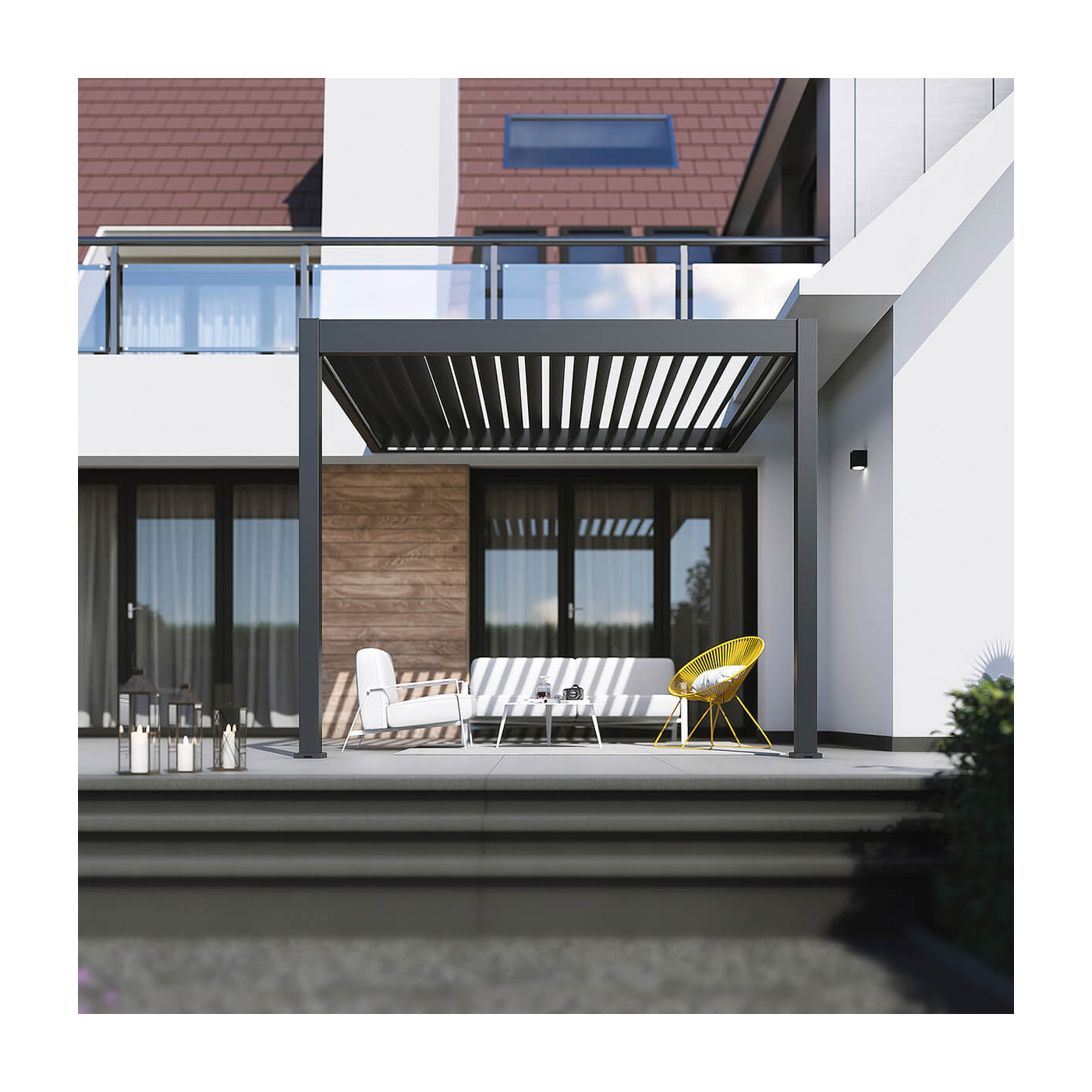 Wiosenna wizualizacja z widokiem na przód wodoodpornej pergoli na tarasie z meblami