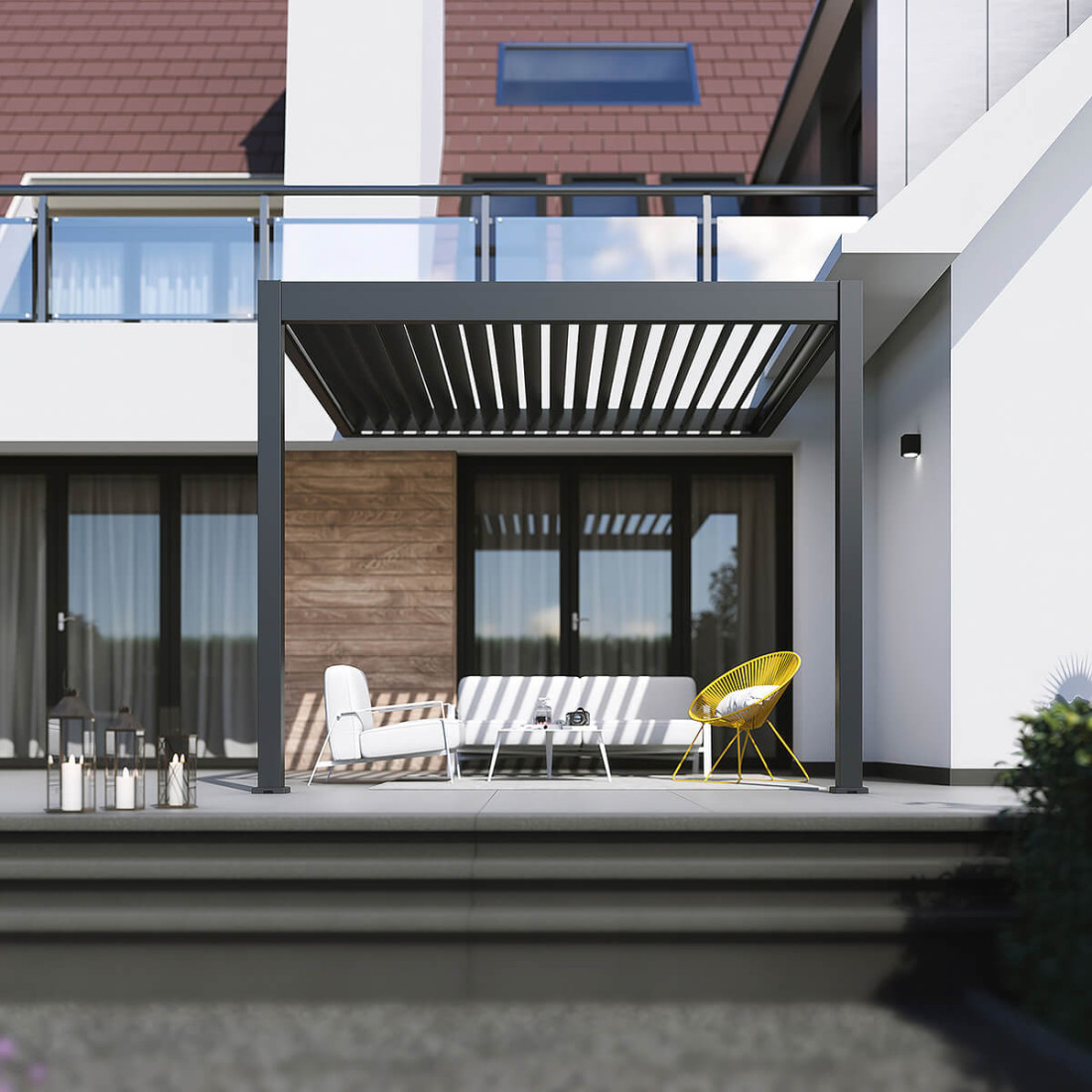 Wiosenna wizualizacja z widokiem na przód wodoodpornej pergoli na tarasie z meblami