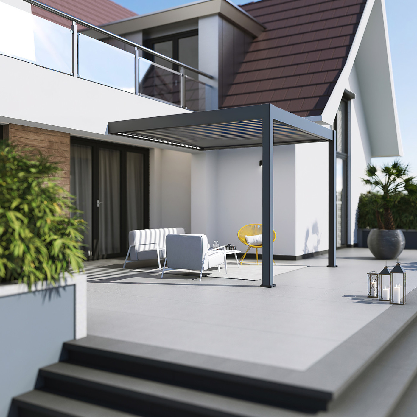 Aranżacja pergoli z oświetleniem LED od firmy Gutroof