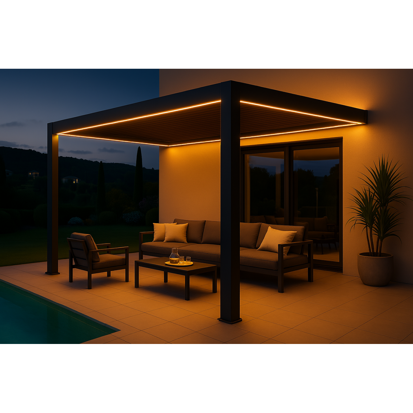 Aranżacja pergoli z oświetleniem LED od firmy Gutroof