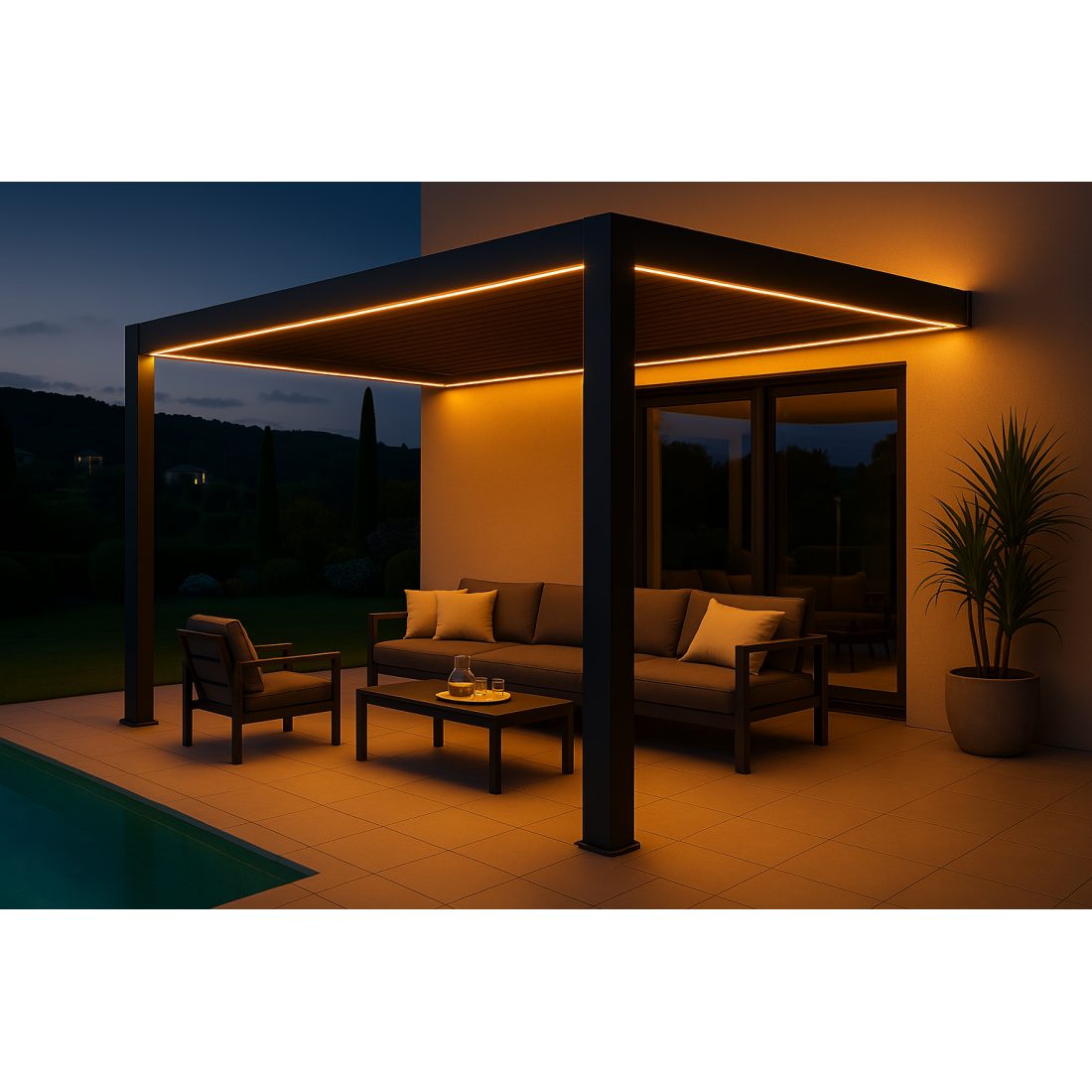 Aranżacja pergoli z oświetleniem LED od firmy Gutroof