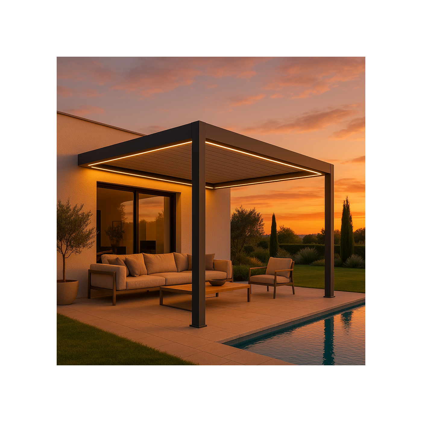 Aranżacja pergoli z oświetleniem LED Gutroof