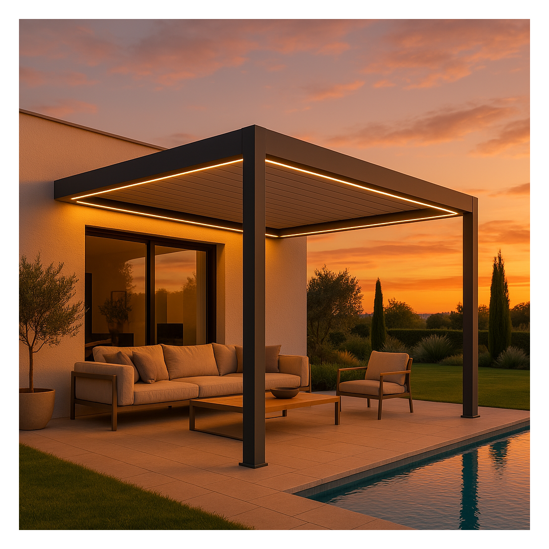 Aranżacja pergoli z oświetleniem LED Gutroof
