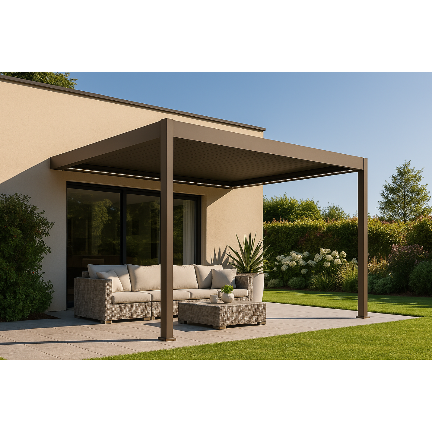 Aranżacja pergoli z oświetleniem LED od firmy Gutroof