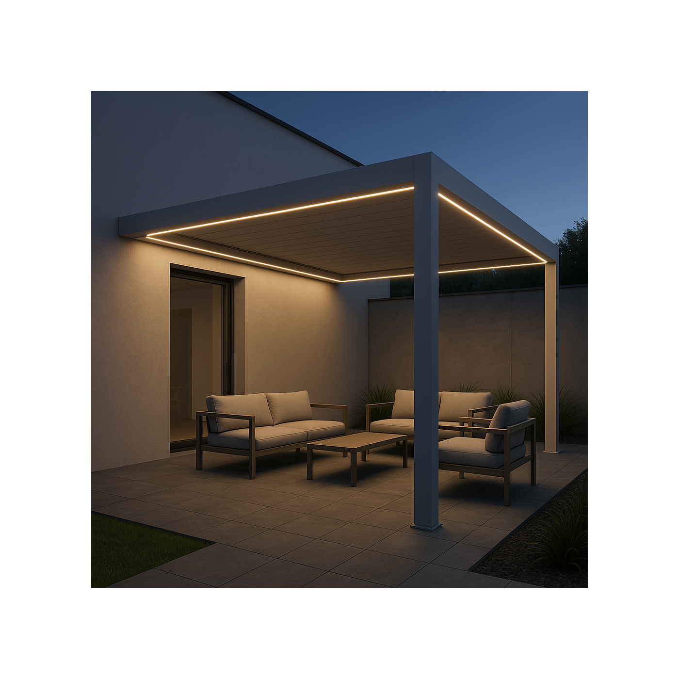 Aranżacja automatycznej pergoli przyściennej elegance wall 3x4m 