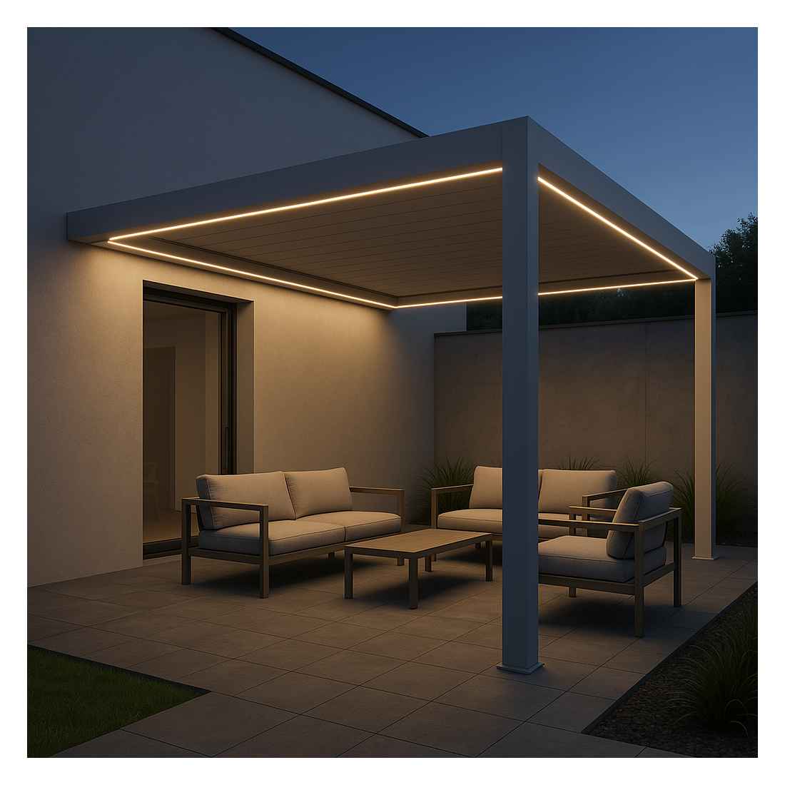 Aranżacja automatycznej pergoli przyściennej elegance wall 3x4m 